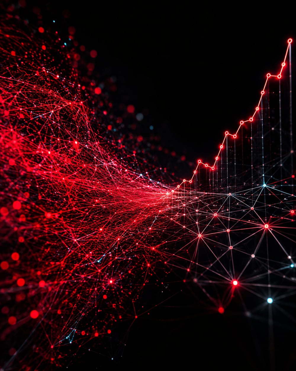 A chaotic data network resolving into an ascending insight graph — turning complexity into intelligence
